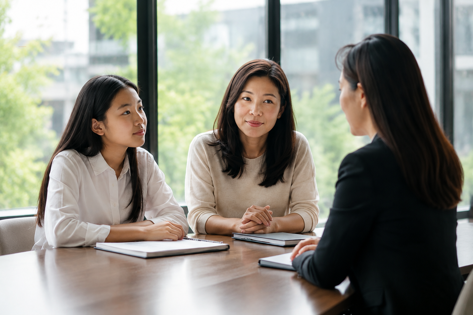 Student and parent in a consultation with an education advisor